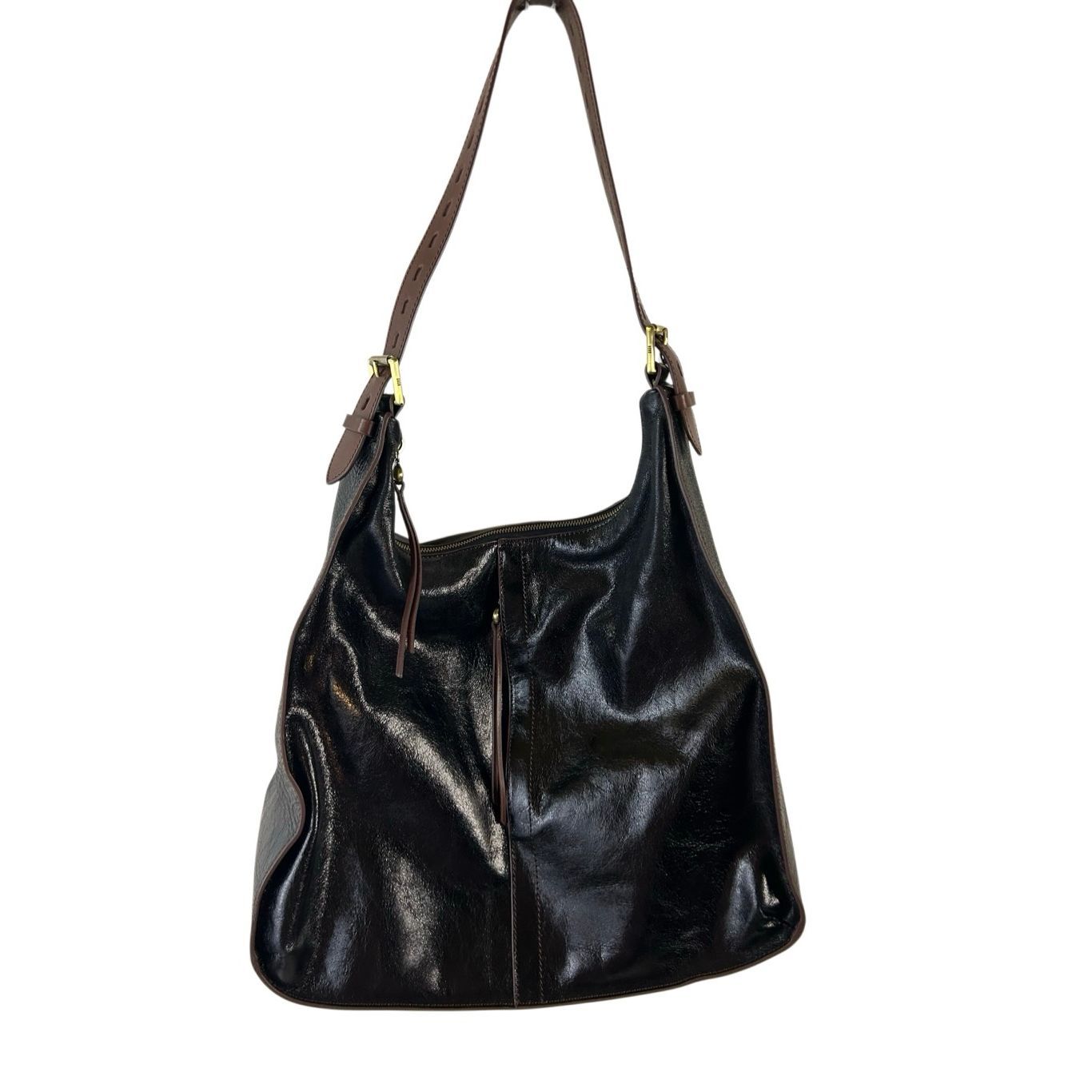 Hobo Shoulder Bag Marley Dark Brown Pilished Leather Belt Strap Duster Bag Inclu